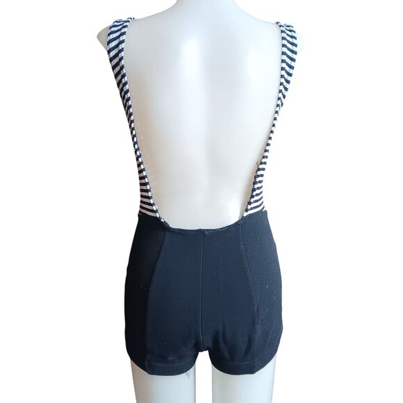 sz 12 True Vintage Black White Striped Womens Swimsuit Low Back Built-In Padding - Picture 4 of 8